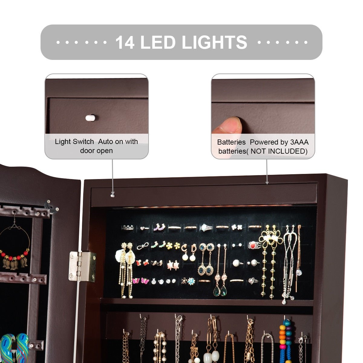 Mirrored Jewelry Cabinet Storage With Drawer And Led Lights , Coffee Jewelry Armoires   at Gallery Canada