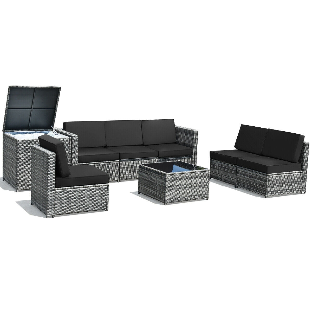 8 Piece Wicker Sofa Rattan Dinning Set Patio Furniture with Storage Table, Black Outdoor Sectionals   at Gallery Canada