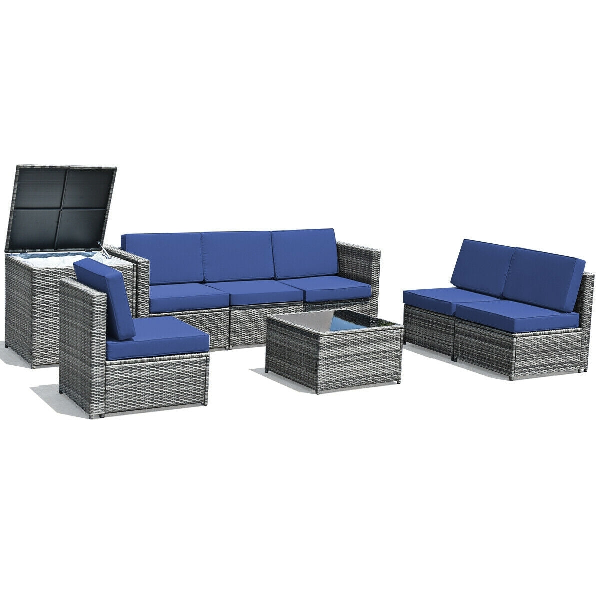 8 Piece Wicker Sofa Rattan Dinning Set Patio Furniture with Storage Table, Navy Outdoor Sectionals   at Gallery Canada