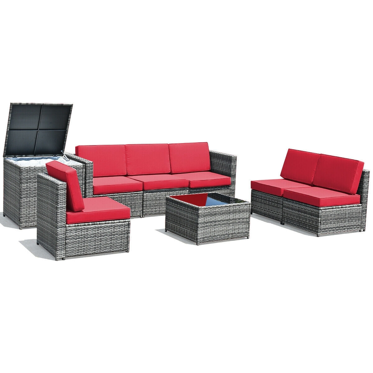 8 Piece Wicker Sofa Rattan Dinning Set Patio Furniture with Storage Table, Red Outdoor Sectionals   at Gallery Canada