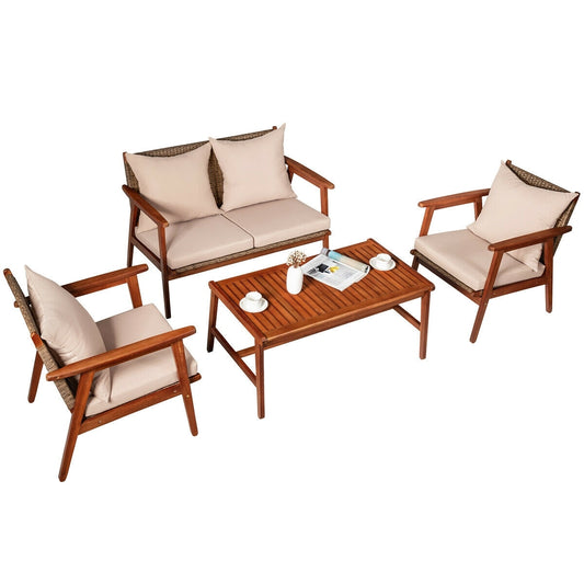 4 Pieces Acacia Wood Patio Rattan Furniture Set, Brown - Gallery Canada