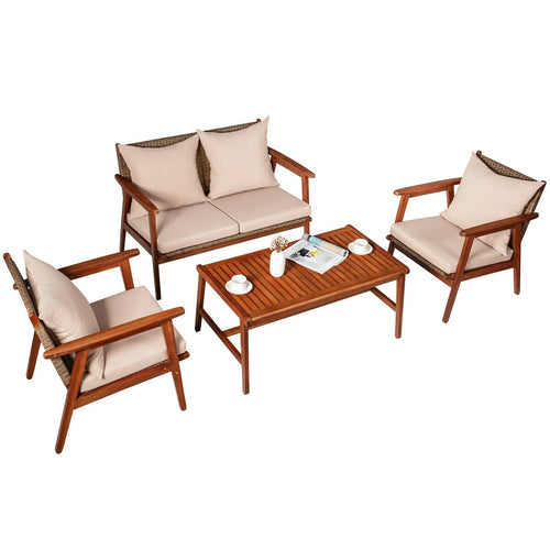 4 Pieces Acacia Wood Patio Rattan Furniture Set, Brown