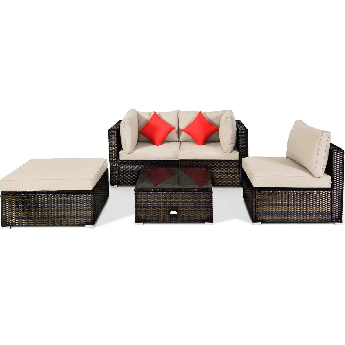 5 Pieces Outdoor Patio Rattan Furniture Set Sectional Conversation with Cushions, Beige Outdoor Sectionals   at Gallery Canada