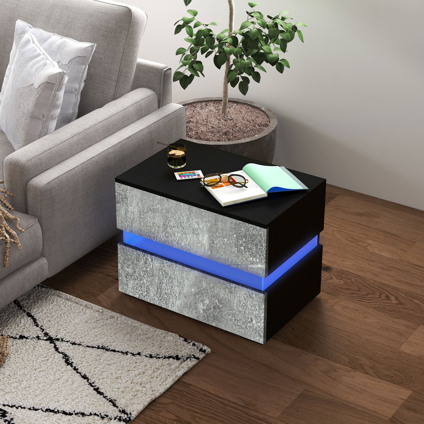 Modern Nightstand, Bedside Table with 2 Drawers, USB Powered RGB LED Lights, Remote for Bedroom, Grey Bedside Tables Grey  at Gallery Canada