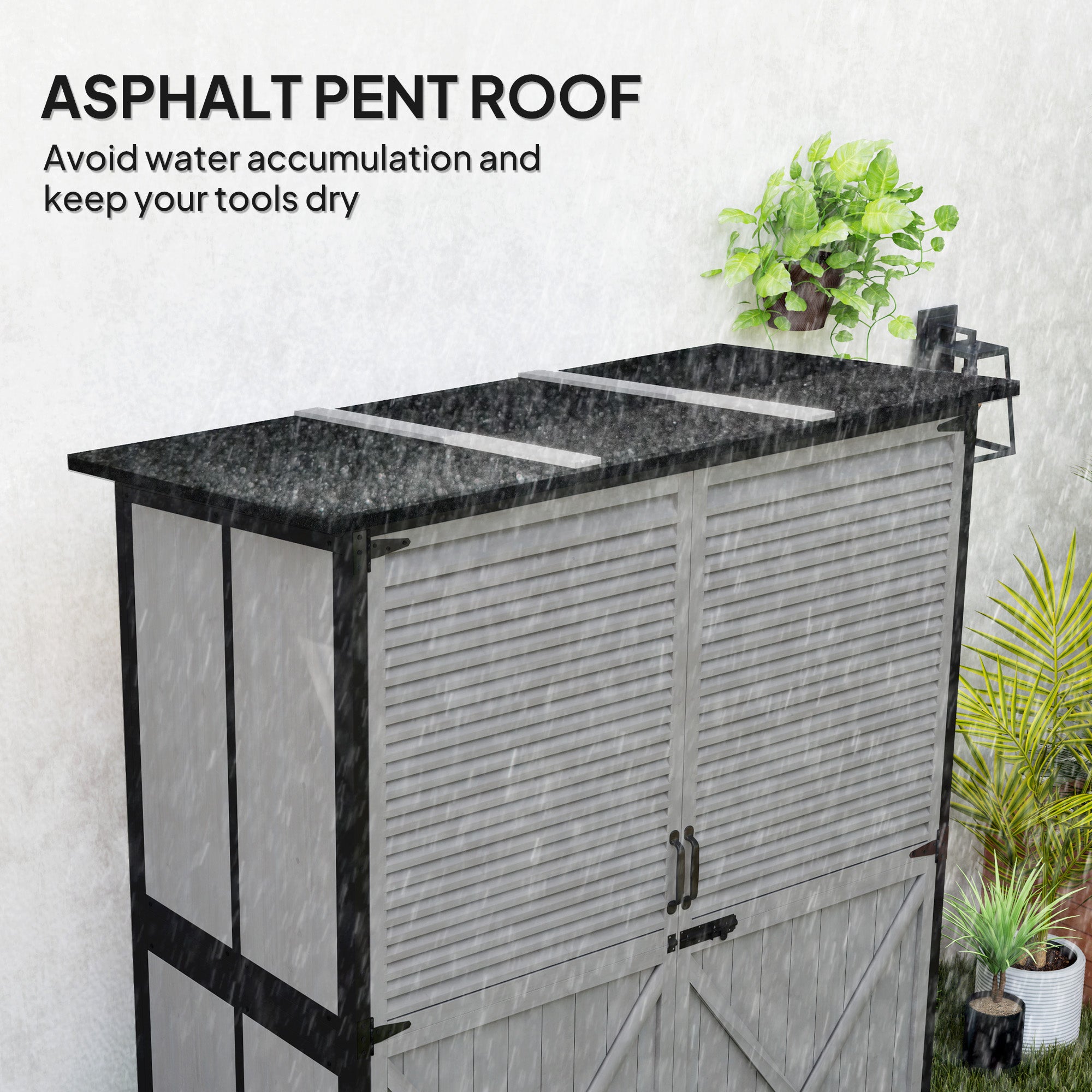 Outdoor Storage Cabinet, Wood Garden Shed with Steel Frame, Asphalt Roof, 2 Shelves and Lockable Doors, Grey Sheds at Gallery Canada
