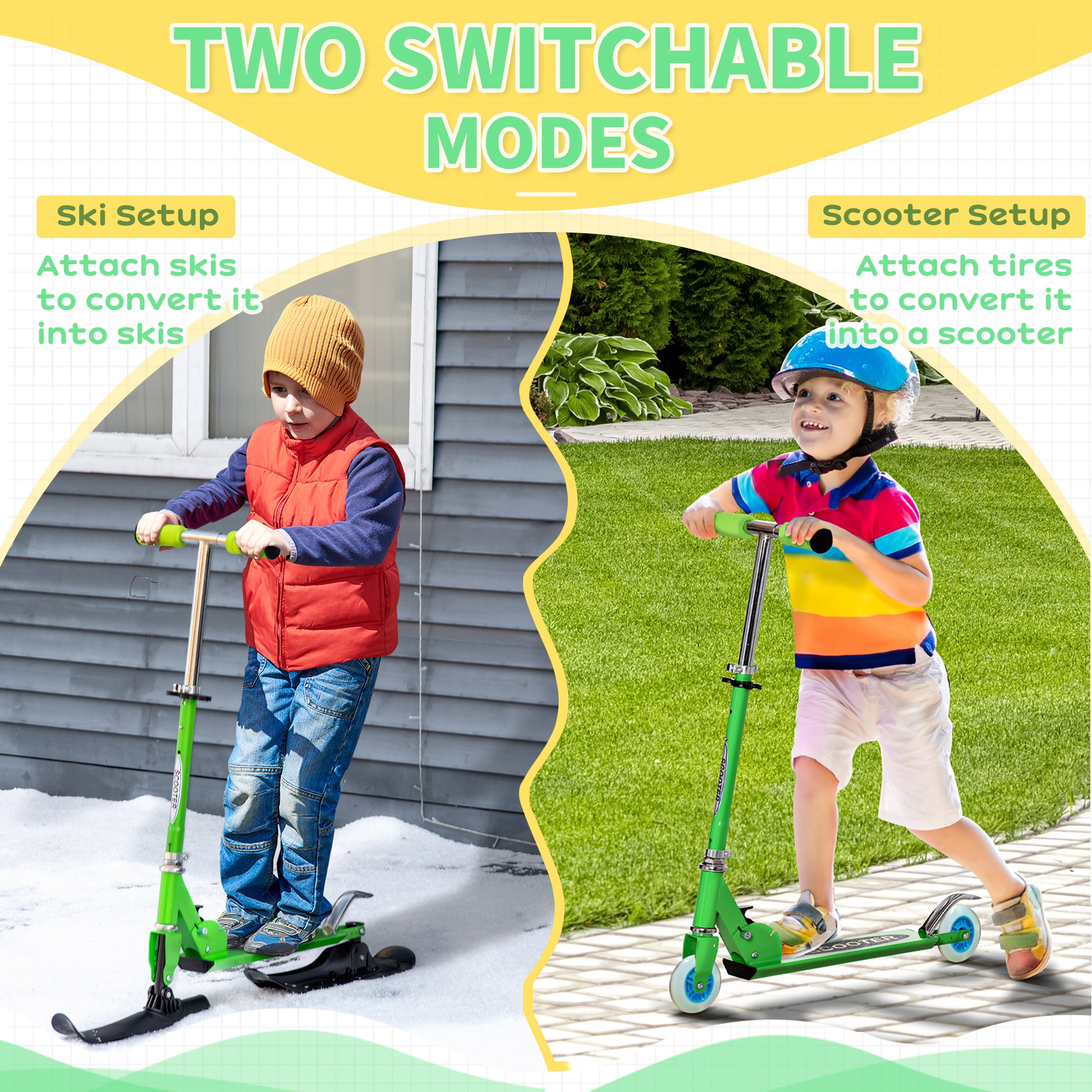 Snow Scooter, 2 in 1 Design Adjustable Height Scooter Snow Sled for Kids Aged Over 7 Years Old, Kids Sled Ski Scooter with Wheels Blades, Green Snow Scooters at Gallery Canada