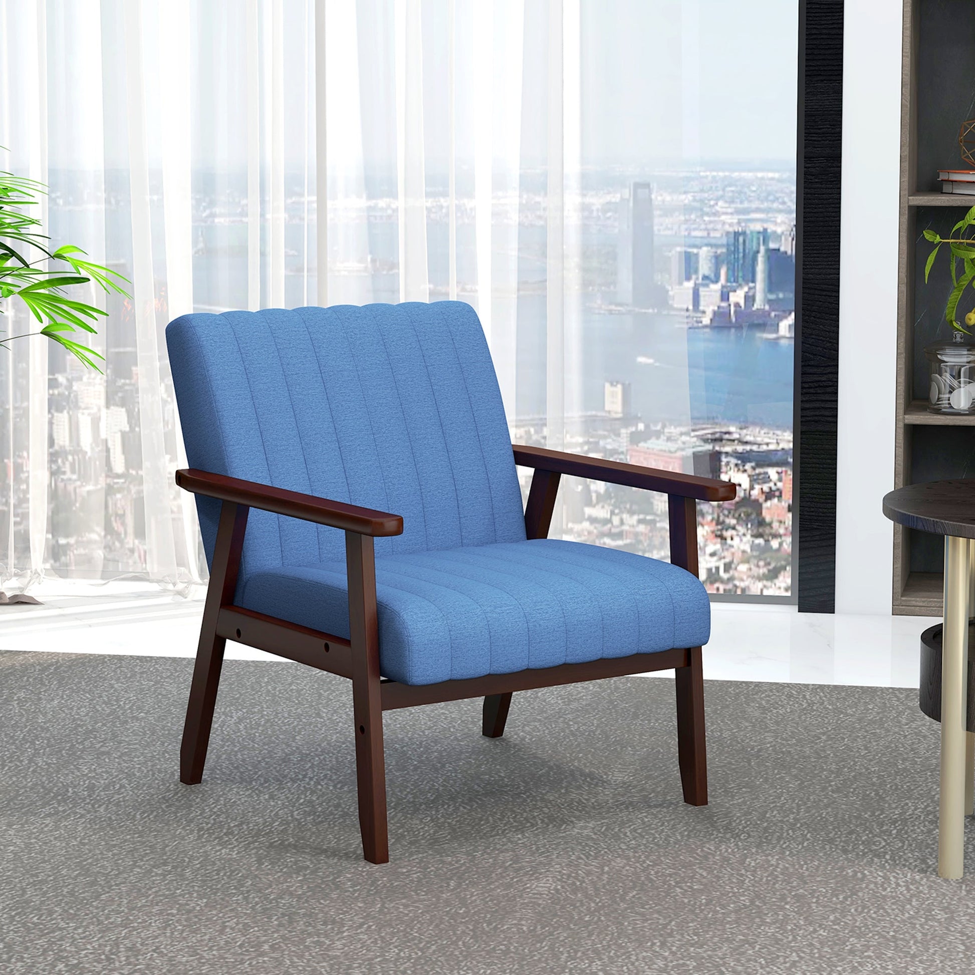 Upholstered Armchair, Modern Accent Chair with Wood Legs and Tufting Design for Living Room, Bedroom, Dark Blue Accent Chairs   at Gallery Canada