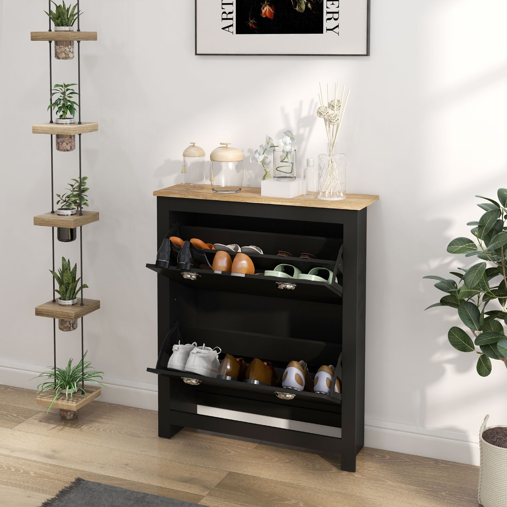 Entryway Shoe Cabinet with 2 Flip Drawers and Adjustable Shelves, 12 Pair Shoe Storage Organizer for Hallway, Black Shoe Storage Cabinets & Racks   at Gallery Canada