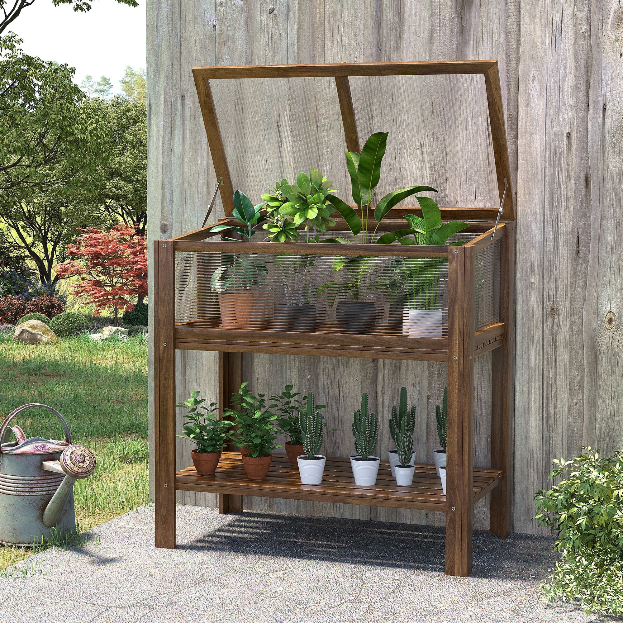 Wooden Cold Frame Greenhouse, Garden Portable Raised Planter with Bottom Shelf for Outdoor Indoor Use, Brown Cold Frame Greenhouses   at Gallery Canada