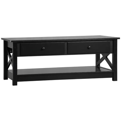 Coffee Table with Storage, Farmhouse Living Room Table with Drawers and Open Shelf, Centre Table with X-frames, Black Coffee Tables Black  at Gallery Canada