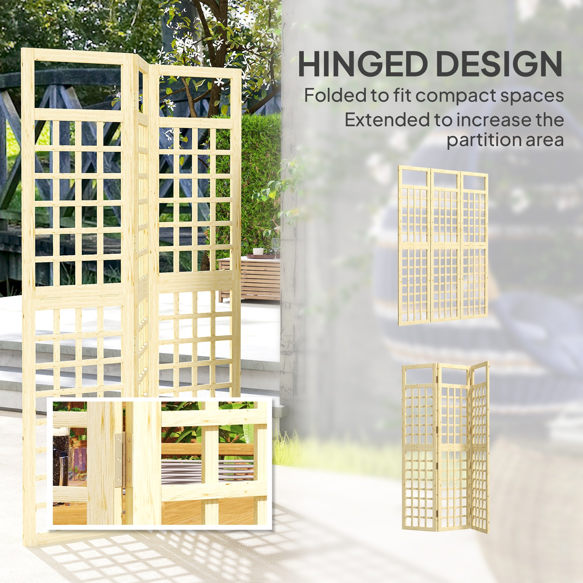 3 Panel Outdoor Wood Privacy Screen, Folding Room Divider/Trellis for Home, Patio, 47.2