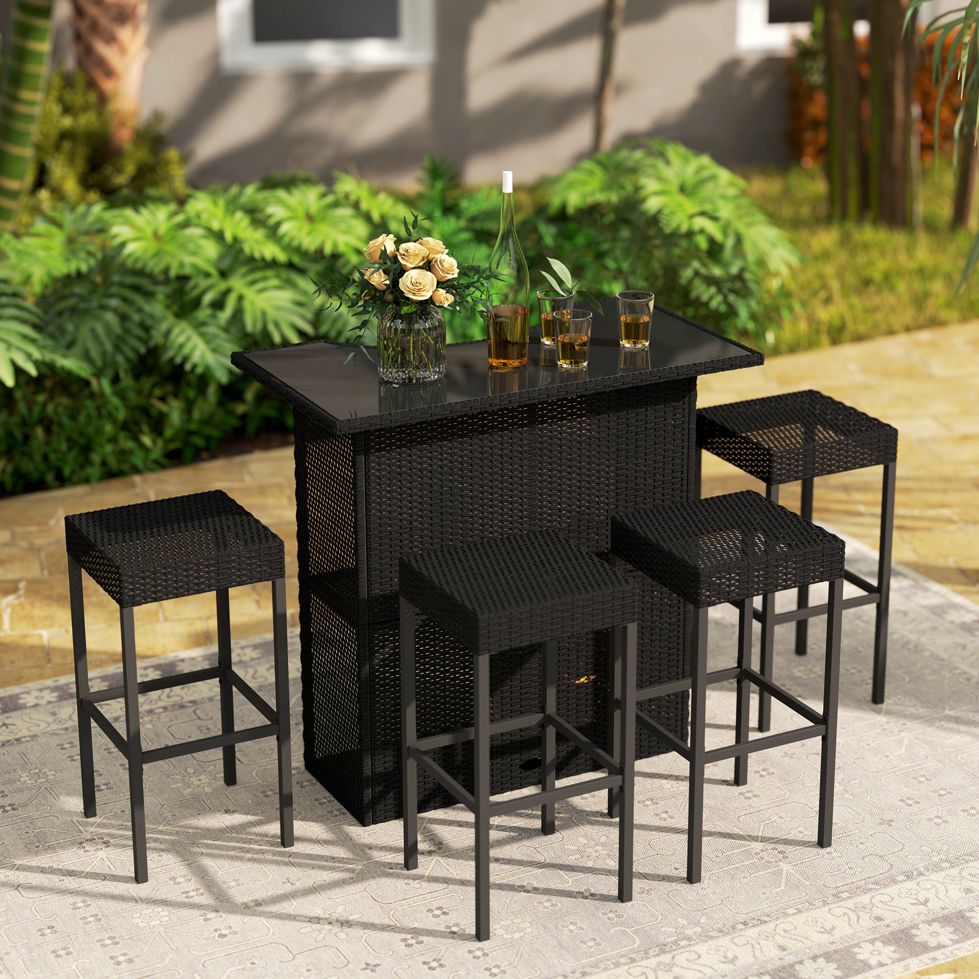 5 Pieces Patio Bar Set, Outdoor PE Rattan Wicker High Top Outdoor Table and Chairs Outdoor Bar Set with Tempered Glass Top Bar Table and Shelves, 4 Bar Chairs, Black Bistro Sets at Gallery Canada