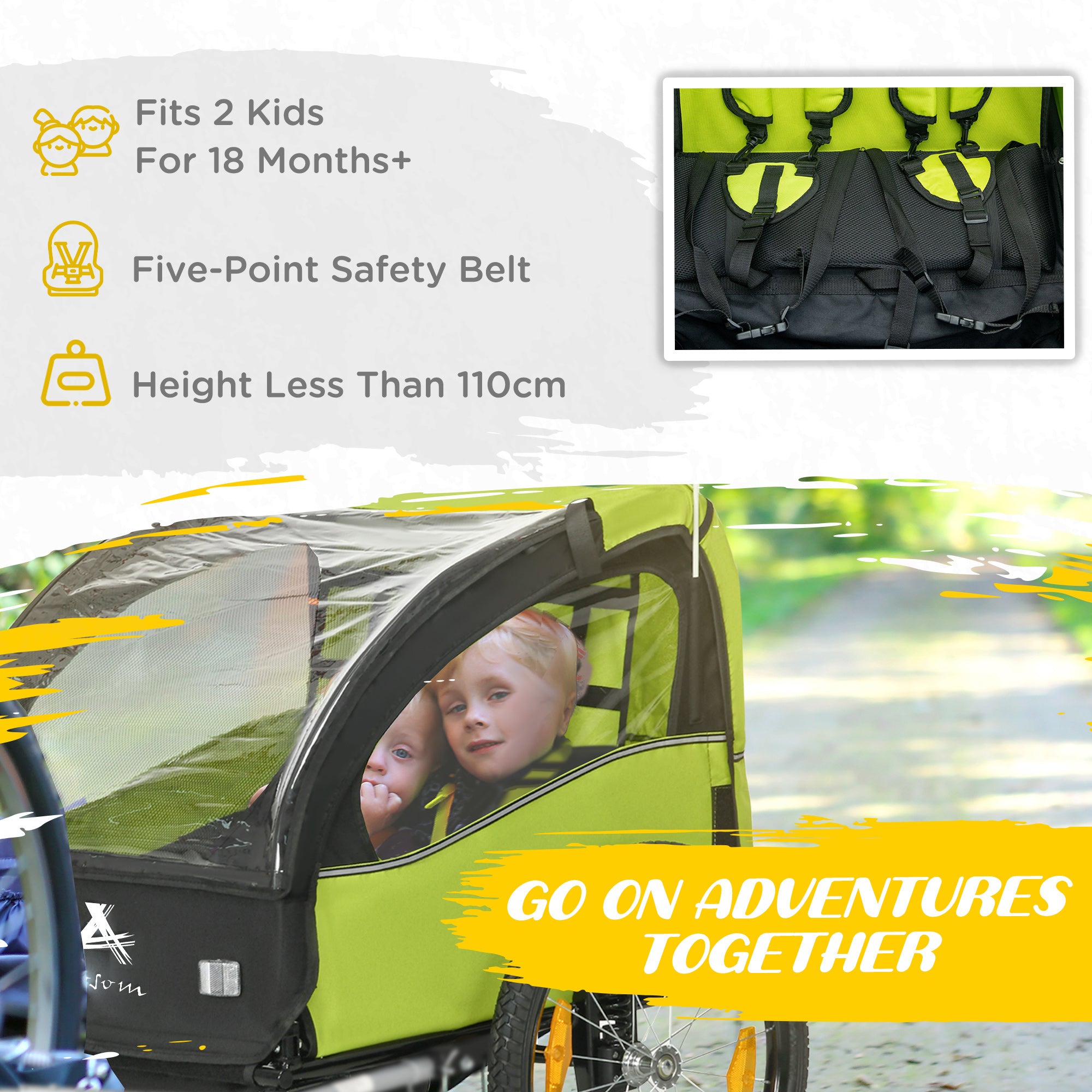 2 Seat Bike Trailer for Kids, Baby Stroller with Storage Bag, 5 Point Harness, Bicycle Trailer with 20