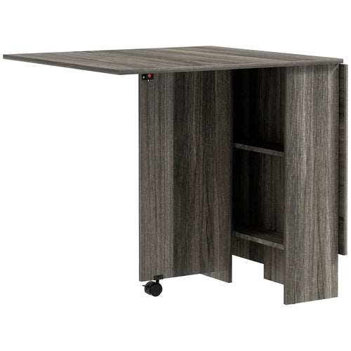 Extendable Dining Table, Collapsible Folding Table w/ 2-tier Shelves and Rolling Casters, Grey Wood Grain