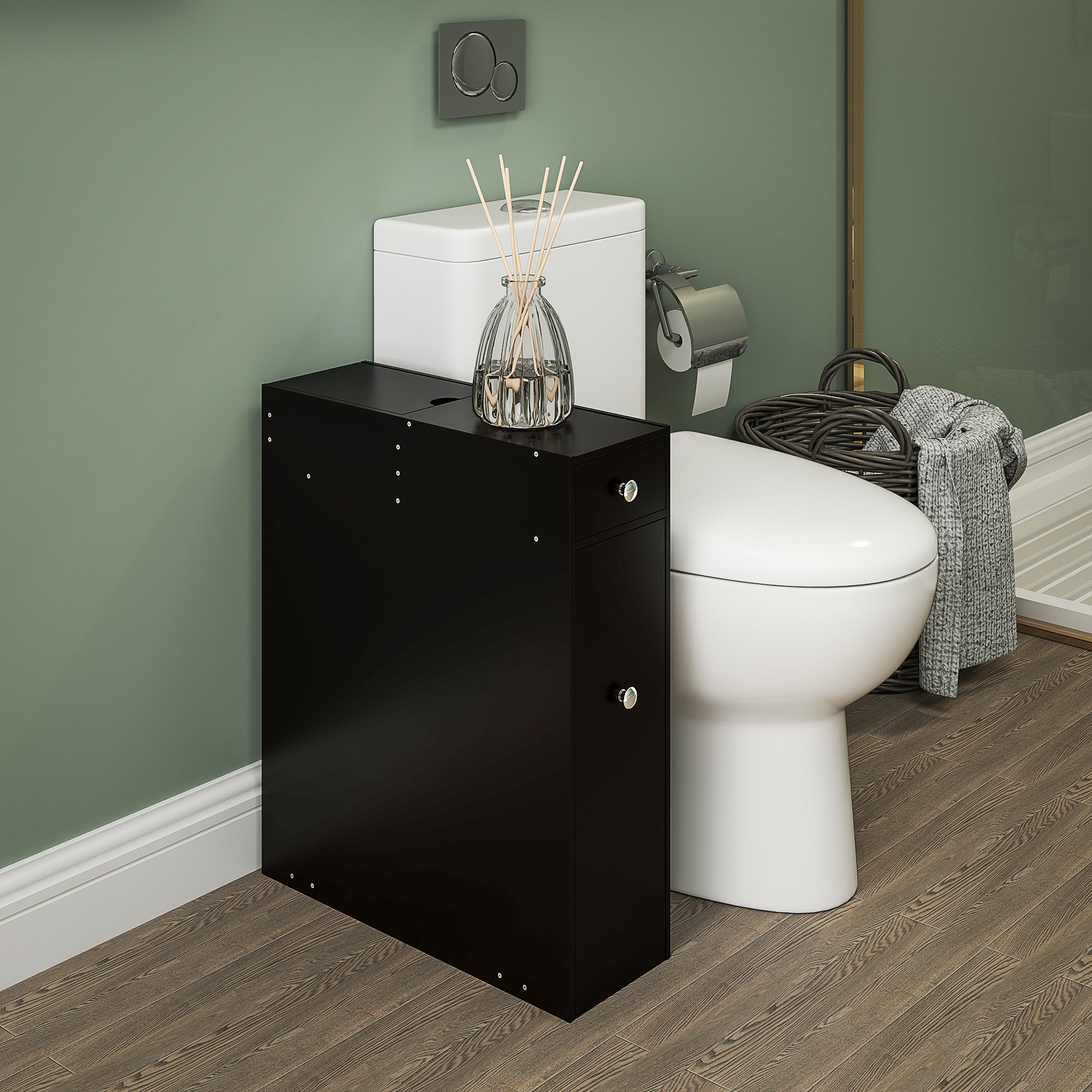 Space Saving Toilet Paper Cabinet, Narrow Bathroom Cabinet with Drawers and Hidden Storage, Black Bathroom Cabinets at Gallery Canada