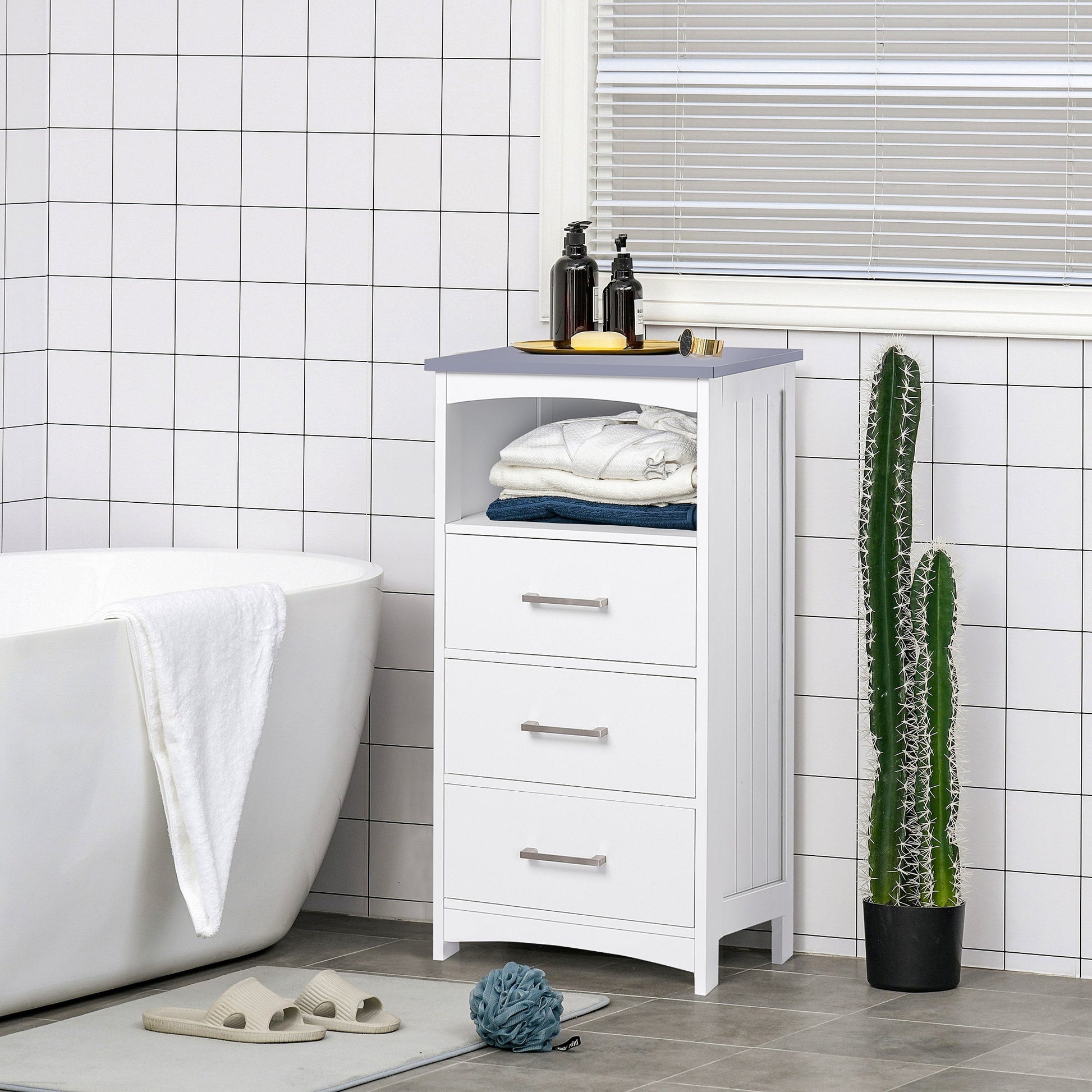 Bathroom Floor Cabinet, Freestanding Storage Cupboard Unit with 3 Drawers and Open Components, White Bathroom Cabinets   at Gallery Canada