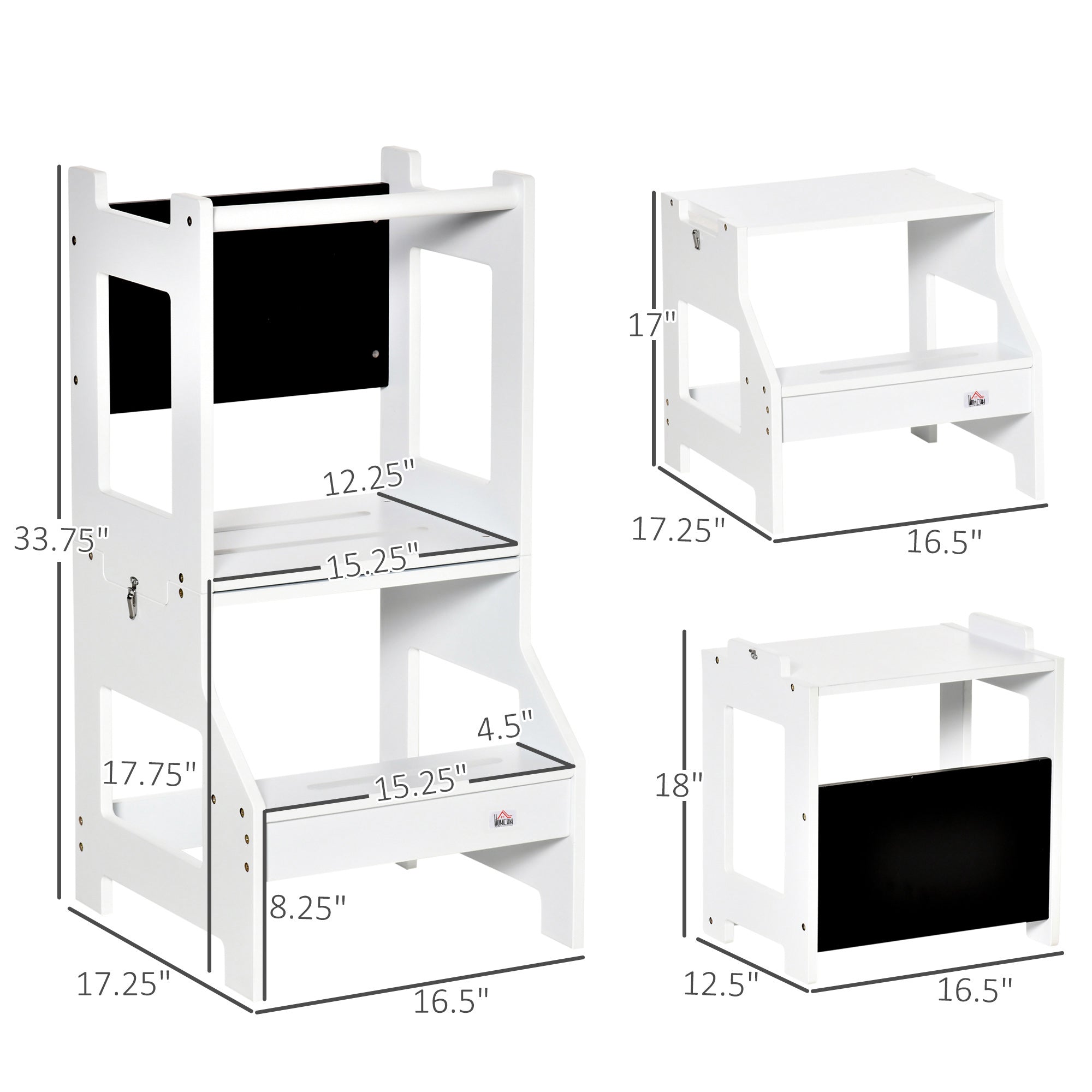 2-in-1 Kids Kitchen Helper Step Stool, Detachable Toddler Table and Chair Set, Children Standing Tower for Kitchen Counter with Safety Rail Chalkboard, White Toddler & Kids Step Stools at Gallery Canada