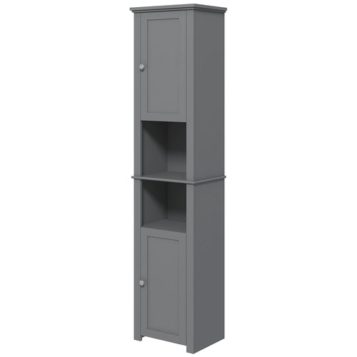 Tall Bathroom Cabinet, Freestanding Linen Cabinet with Open Shelves and 2 Cupboards, Narrow Storage Cabinet, Grey