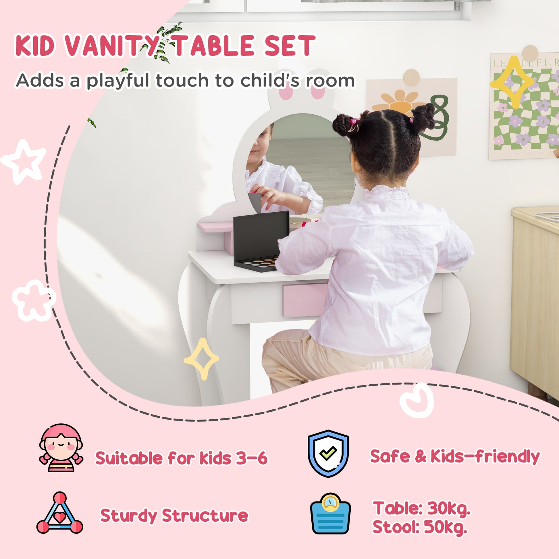 Kids Makeup Vanity Set with Stool, Mirror, Drawer, Storage Boxes, Rabbit Design, White Toy Vanity   at Gallery Canada