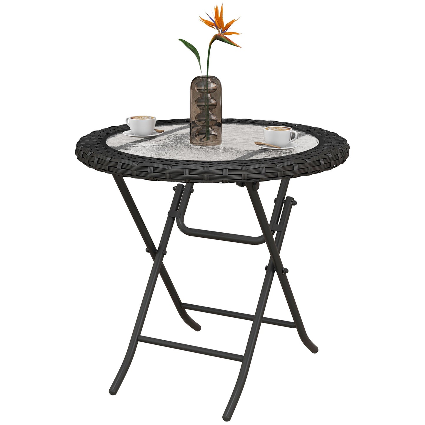 Folding Round Tempered Glass Metal Table with Edging, Black Patio Side Tables Black  at Gallery Canada