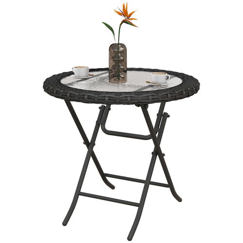 Folding Round Tempered Glass Metal Table with Edging, Black