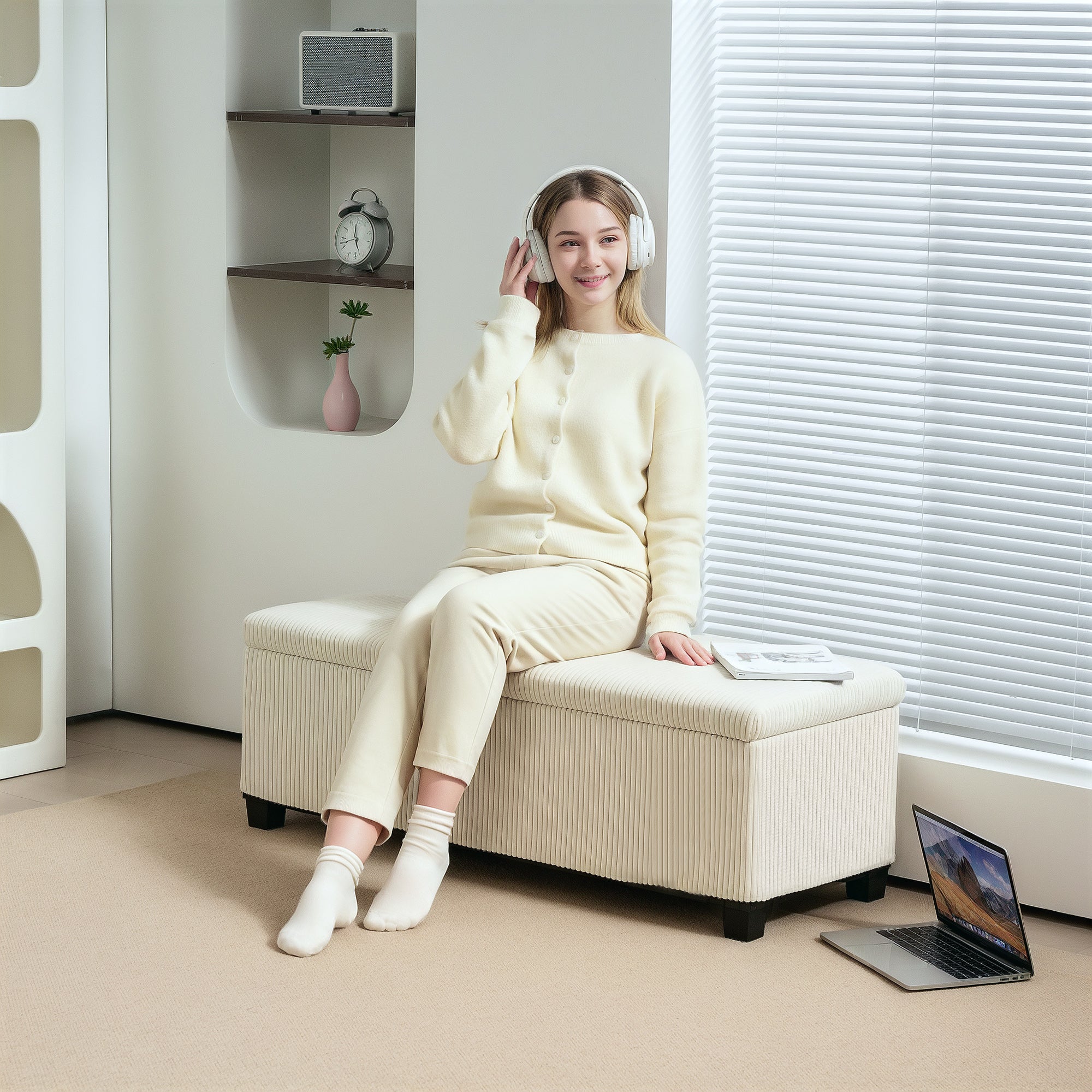 44 Inches Ottoman with Storage, Lid, Legs, Corduroy End of Bed Bench for Living Room, Bedroom, Entryway, Beige Storage Ottomans & Benches Beige at Gallery Canada