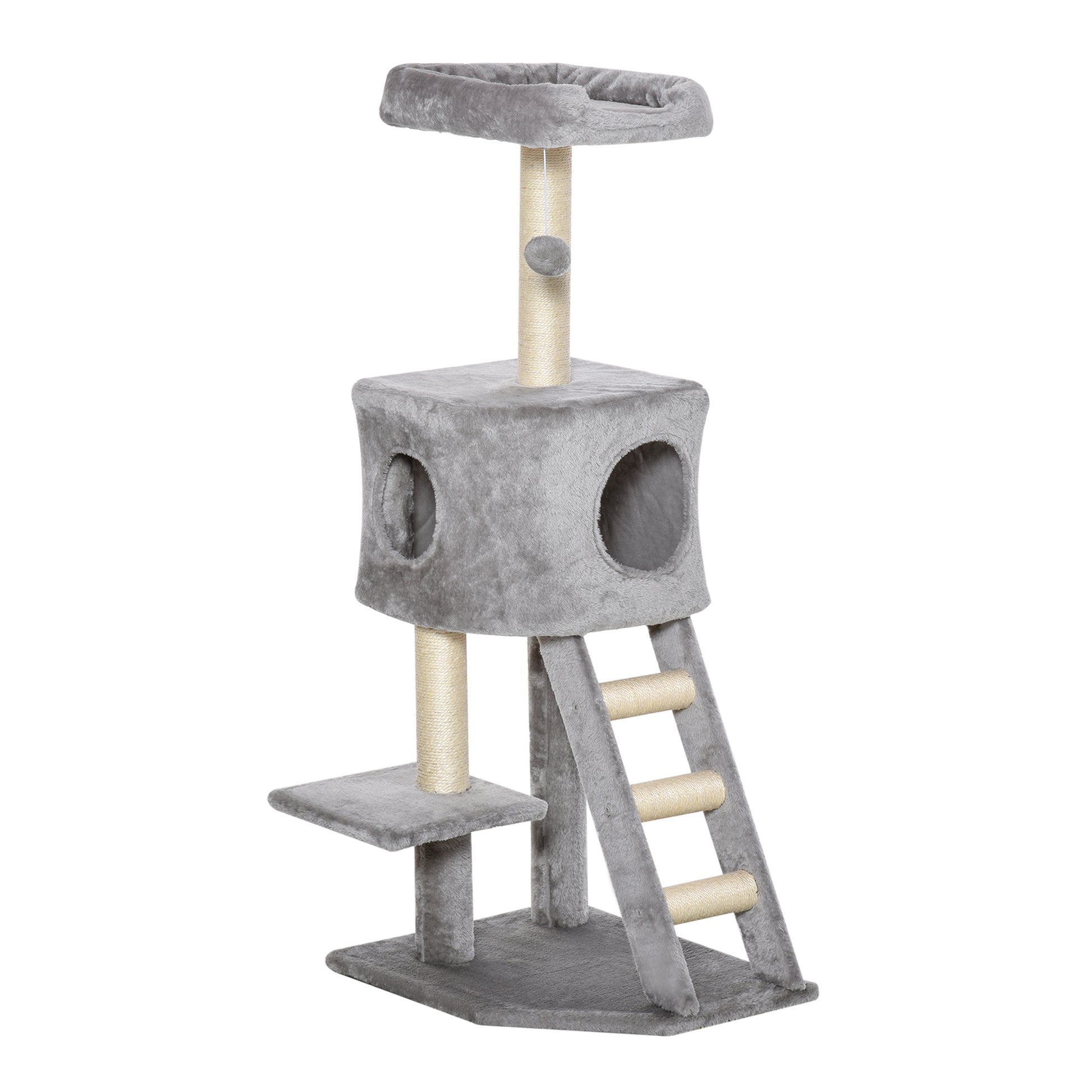 47" Tall Cat Tree Tower with Condo, Ladder, Scratching Posts and Hanging Ball, Light Grey Cat Towers   at Gallery Canada