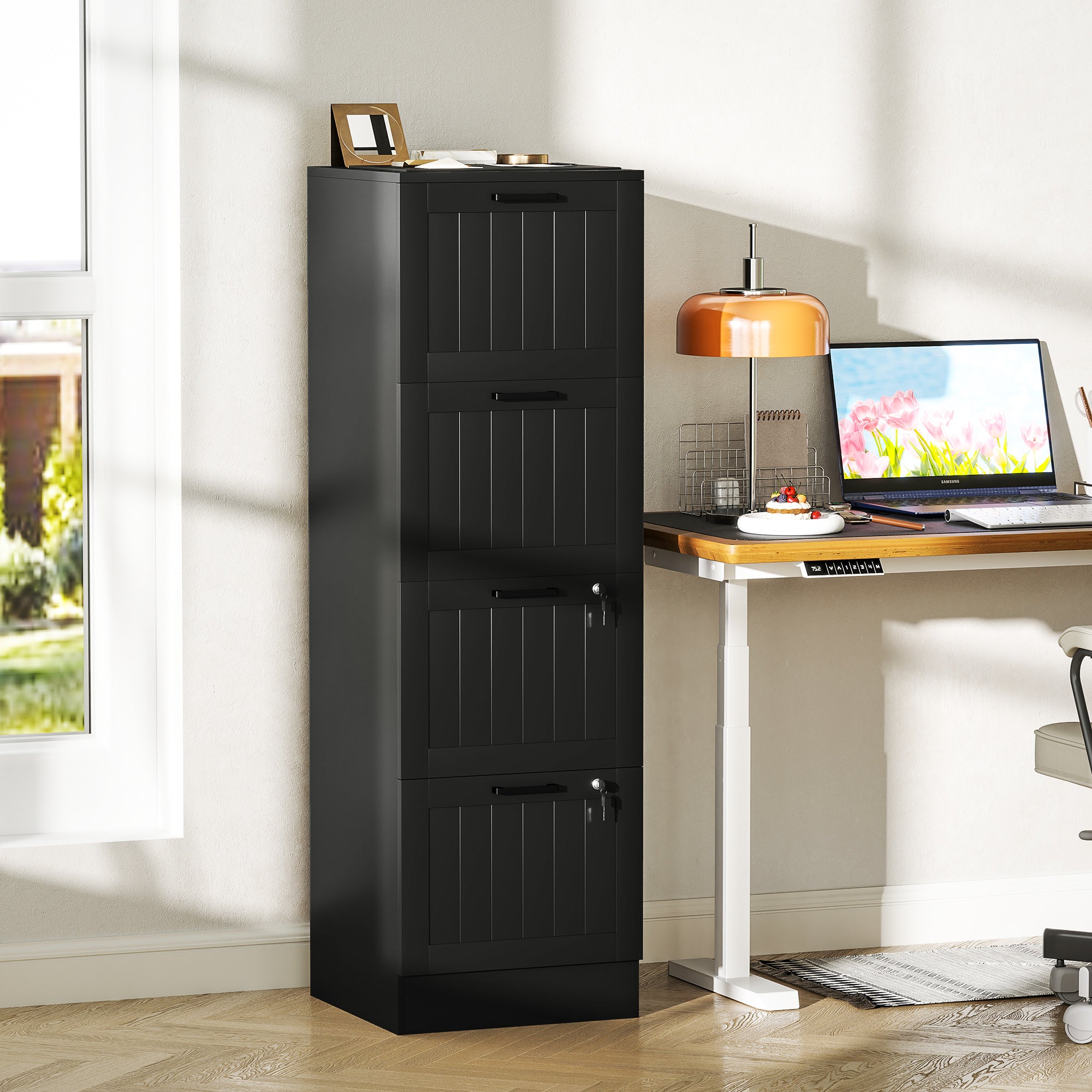 4 Drawer Filing Cabinet with Lock, Office Storage Cabinet with Adjustable Hanging Bars for A4 Letter Size Files, Black Office Cabinets & Cupboards Black at Gallery Canada