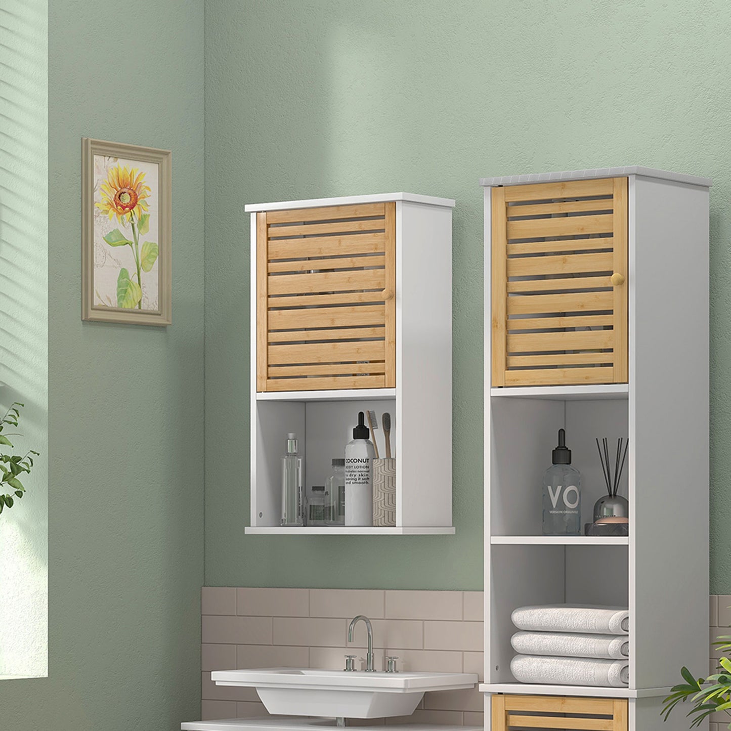 Wall Mounted Bathroom Cabinet with Storage, Bathroom Wall Cabinet with Bamboo Slat Door and Adjustable Shelf, White Wall Mounted Cabinets   at Gallery Canada