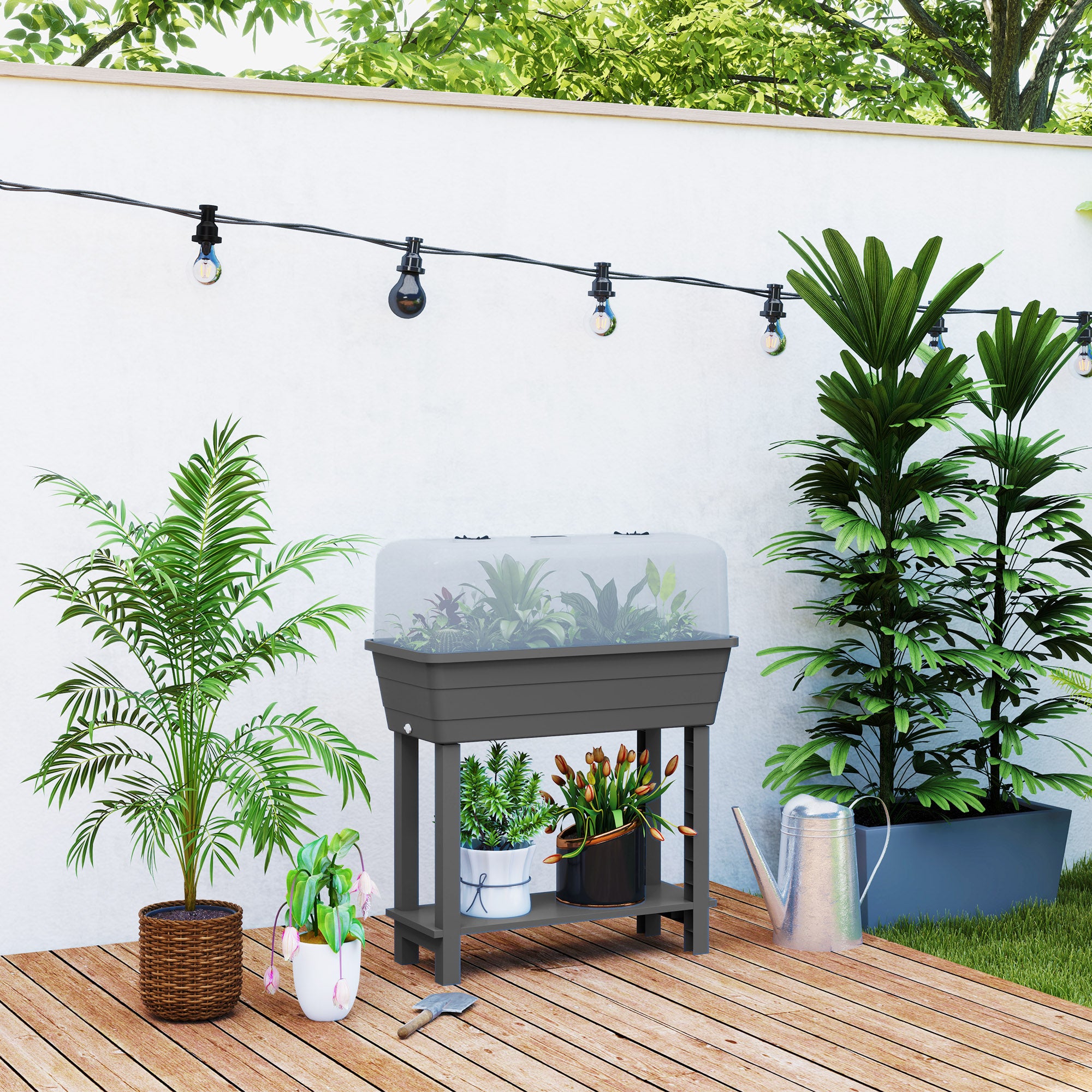 41L Self Watering Raised Garden Bed w/ Ventilation Transparent Lid Greenhouse, Planter Box w/ Storage Shelf, Dark Grey Raised Garden Beds Dark Grey at Gallery Canada