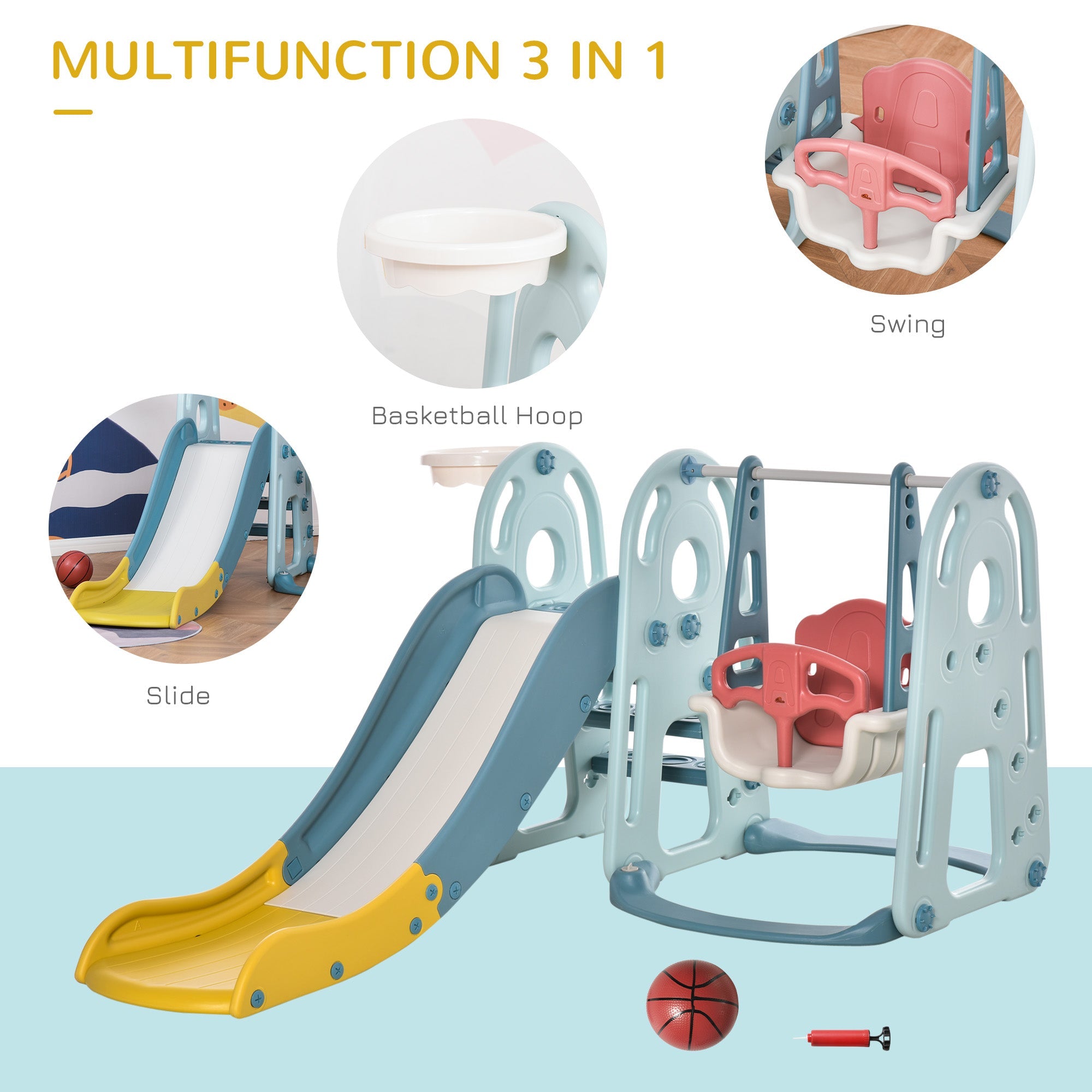 Adjustable 4-in-1 Kids Slide & Swing Set with Basketball Hoop, Water-fillable Base, Multi Colour Gym Sets & Swings   at Gallery Canada