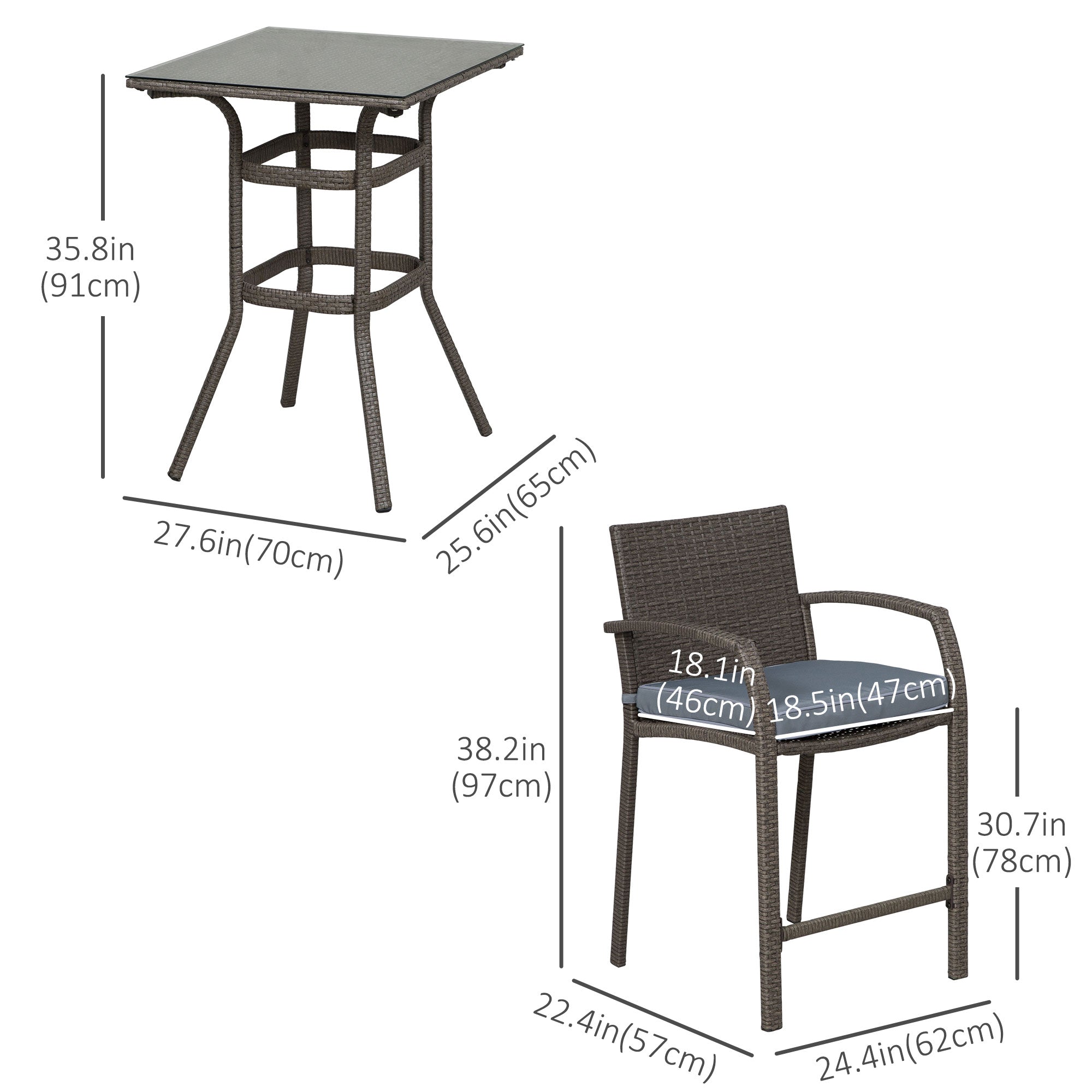 3 Pieces Patio Bar Set Wicker Garden Bistro Set Outdoor Furniture PE Rattan Table and Stools with Seat Cushion, Grey Bistro Sets at Gallery Canada