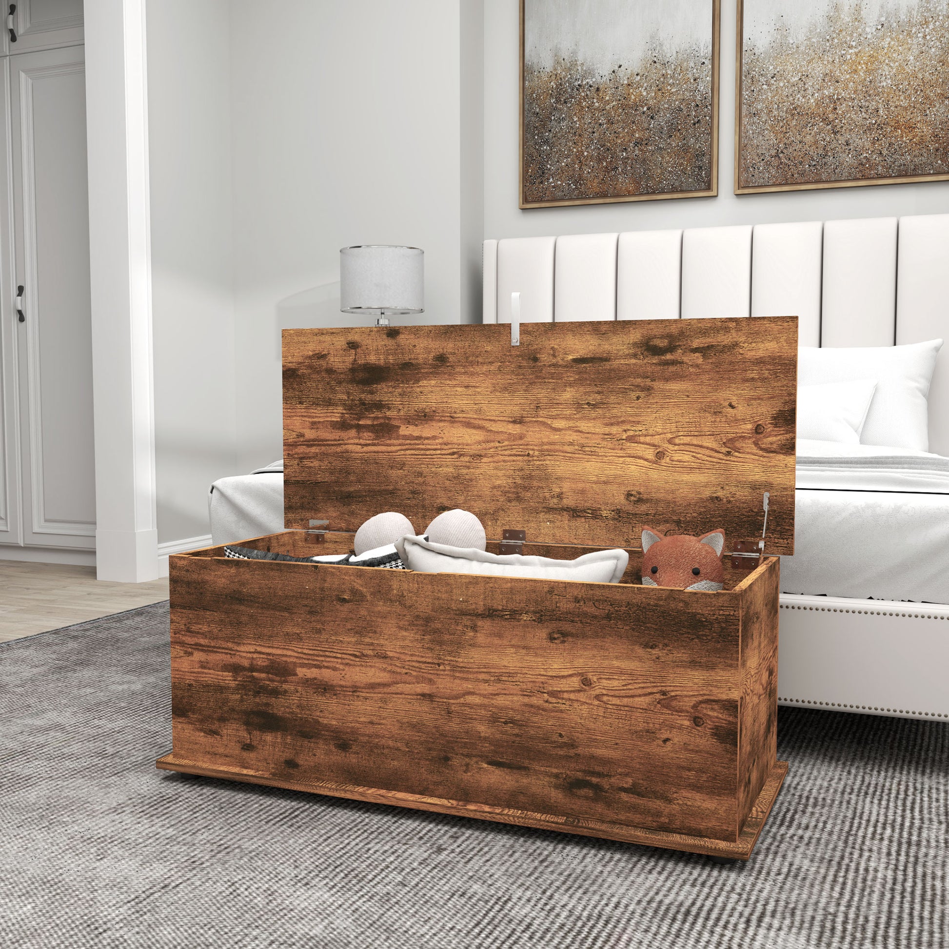 39.5" Storage Chest with 2 Safety Hinges, Storage Box Organizer with Flip-Top Lid, Entryway Storage Bench, Rustic Brown Storage Ottomans & Benches at Gallery Canada