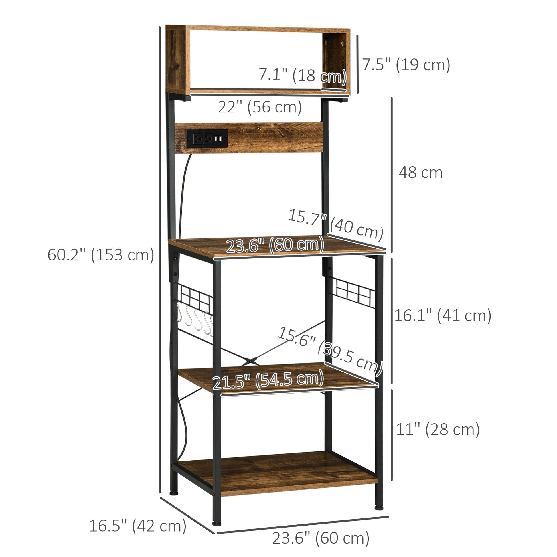 Baker's Rack with Charing Station, Microwave Shelf with Power Outlet, USB Charger and 5 Hooks, Rustic Brown Storage Cabinets   at Gallery Canada