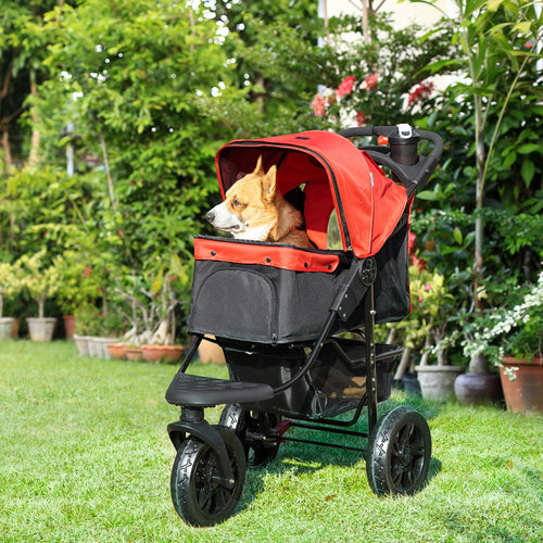 3 Wheel Folding Dog Stroller, Jogger Travel Carrier with Adjustable Canopy, Storage Brake, Mesh Window for S&;M Dogs, Red