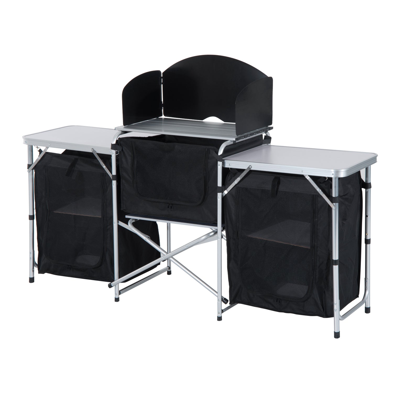 Folding Camping Kitchen Table with Carrying Bag, Windscreen and 3 Enclosed Cupboards, Aluminum Cook Station, Black Picnic Tables & Camping Chairs Multi Colour at Gallery Canada