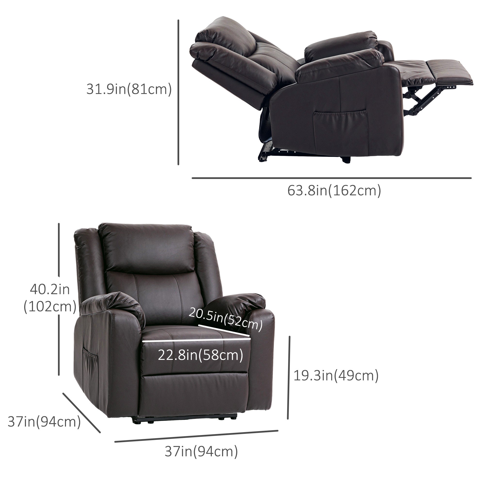 PU Leather Reclining Chair, Recliner Chair for Living Room with Footrest and 2 Side Pockets, Brown Single Sofas   at Gallery Canada