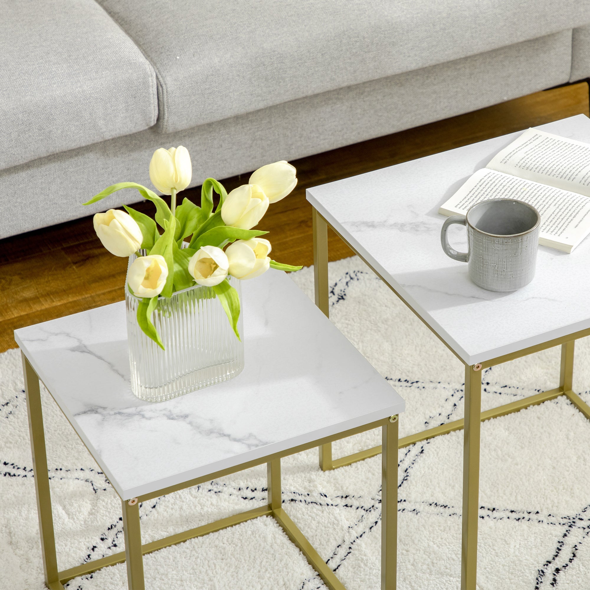 Square Nesting Tables Set of 2, Stacking Coffee Table Set with Faux Marbled Top and Metal Frame, Modern Coffee Table for Living Room, Bedroom, White Coffee Tables   at Gallery Canada