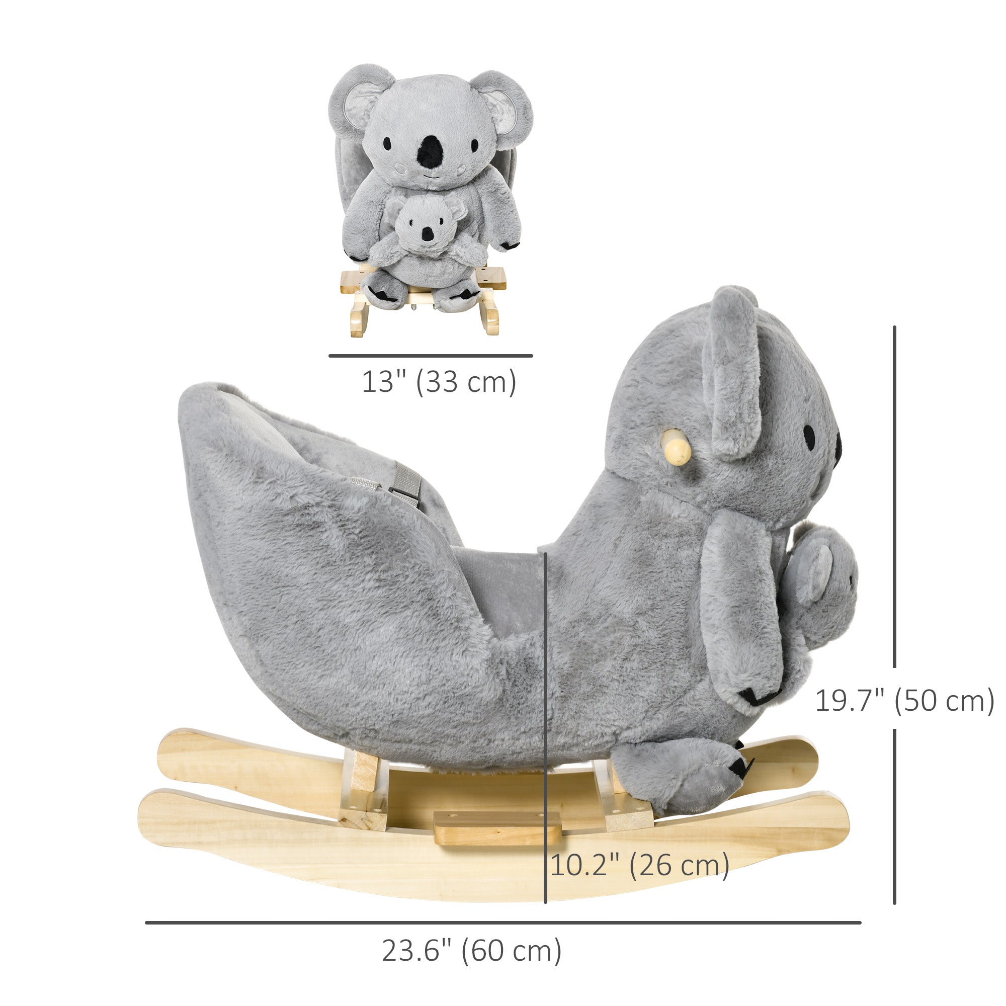 Kids Plush Ride-On Rocking Horse Koala-shaped Plush Toy Rocker with Gloved Doll Realistic Sounds for Child 18-36 Months Grey Rocking Horses at Gallery Canada