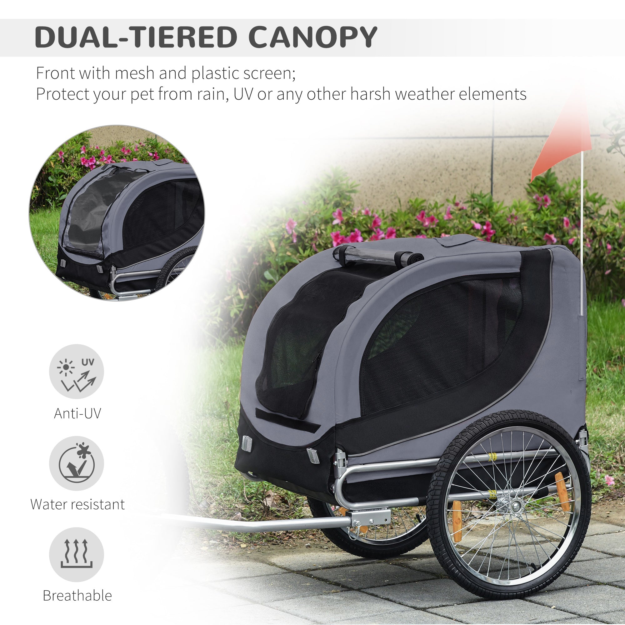 Dog Bike Trailer, Pet Cart, Bicycle Wagon, Travel Cargo, Carrier Attachment with Hitch, Foldable for Travelling, Grey Dog Bike Trailers & Strollers   at Gallery Canada