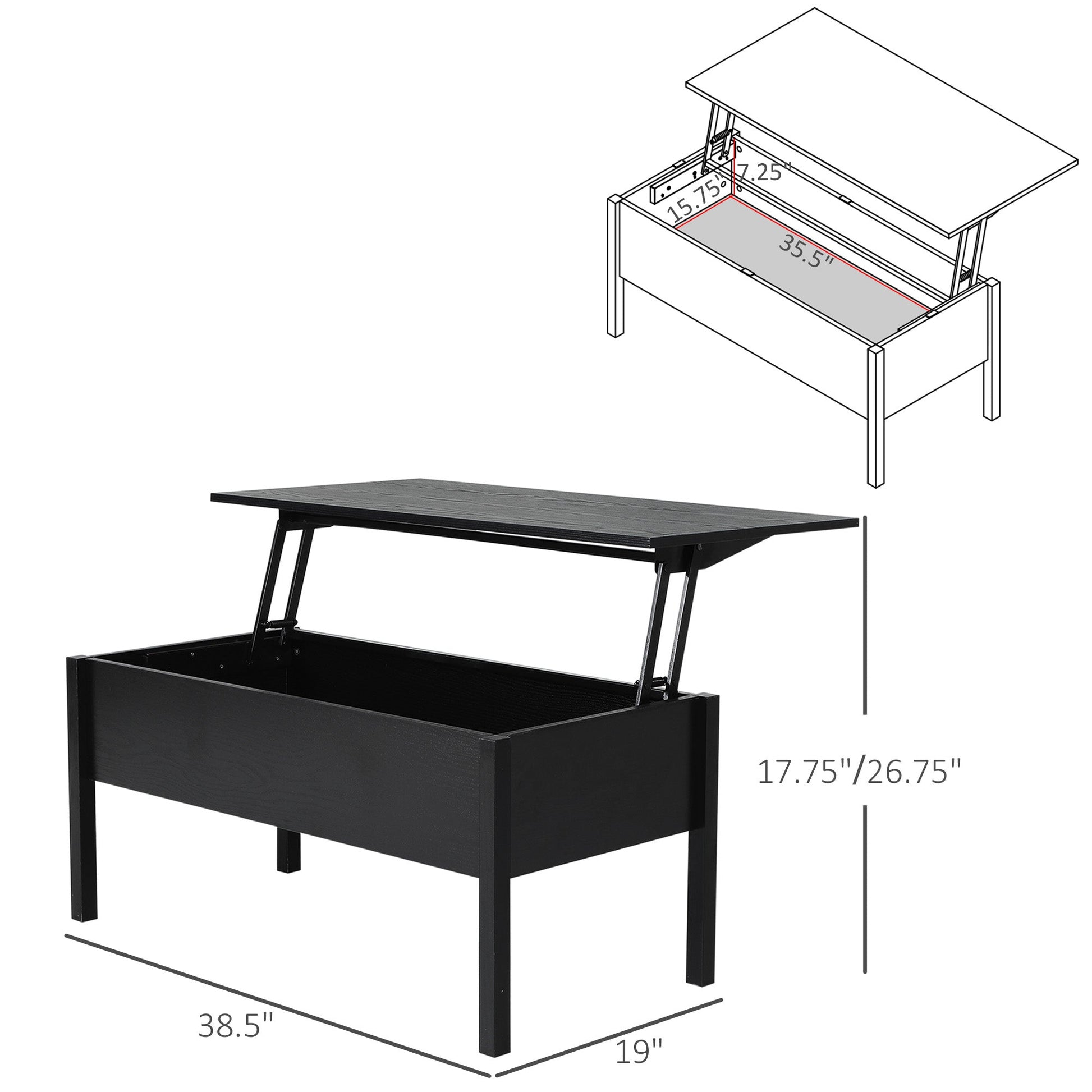 39" Modern Lift Top Coffee Table with Hidden Storage Compartment, Center Table for Living Room, Black Coffee Tables Black  at Gallery Canada