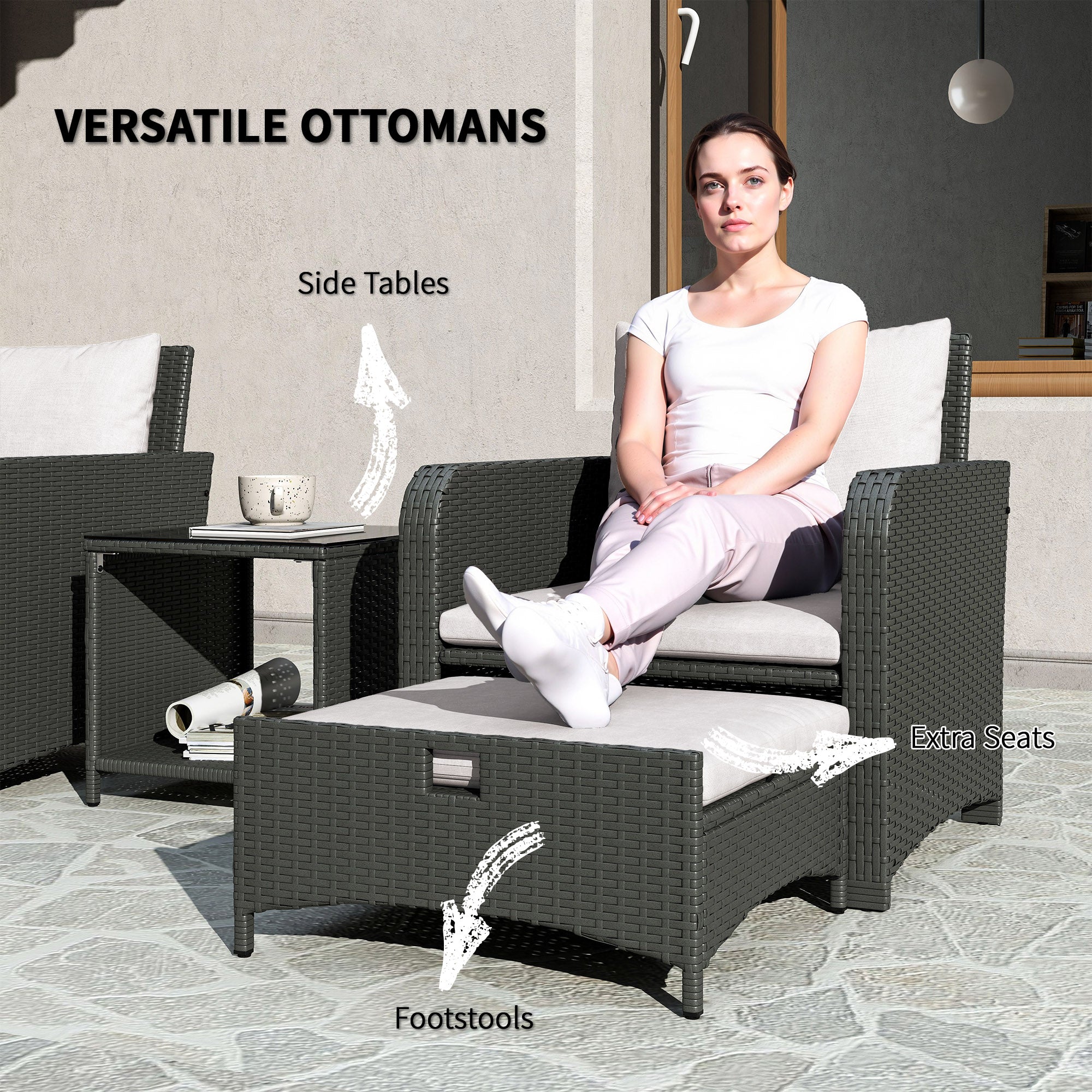 5 Piece Rattan Balcony Furniture Set, Wicker Outdoor Furniture Set with 2-Tier Coffee Table, Ottomans, Grey, Cream White Patio Furniture Sets at Gallery Canada