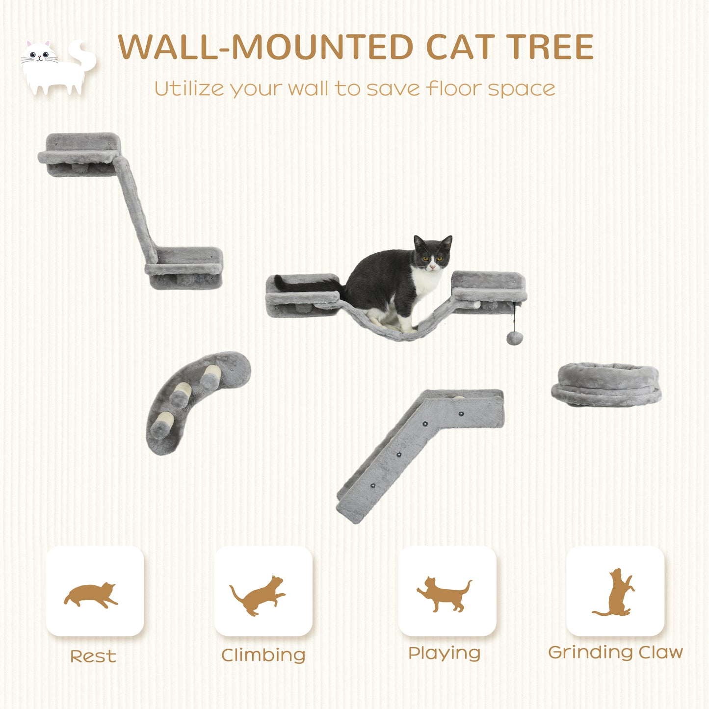 5PCs Cat Wall Shelves with Scratching Post, Ladder, Cat Bed, Jumping Platform, Perches, Toy Ball, Step Cat Climbing Wall   at Gallery Canada