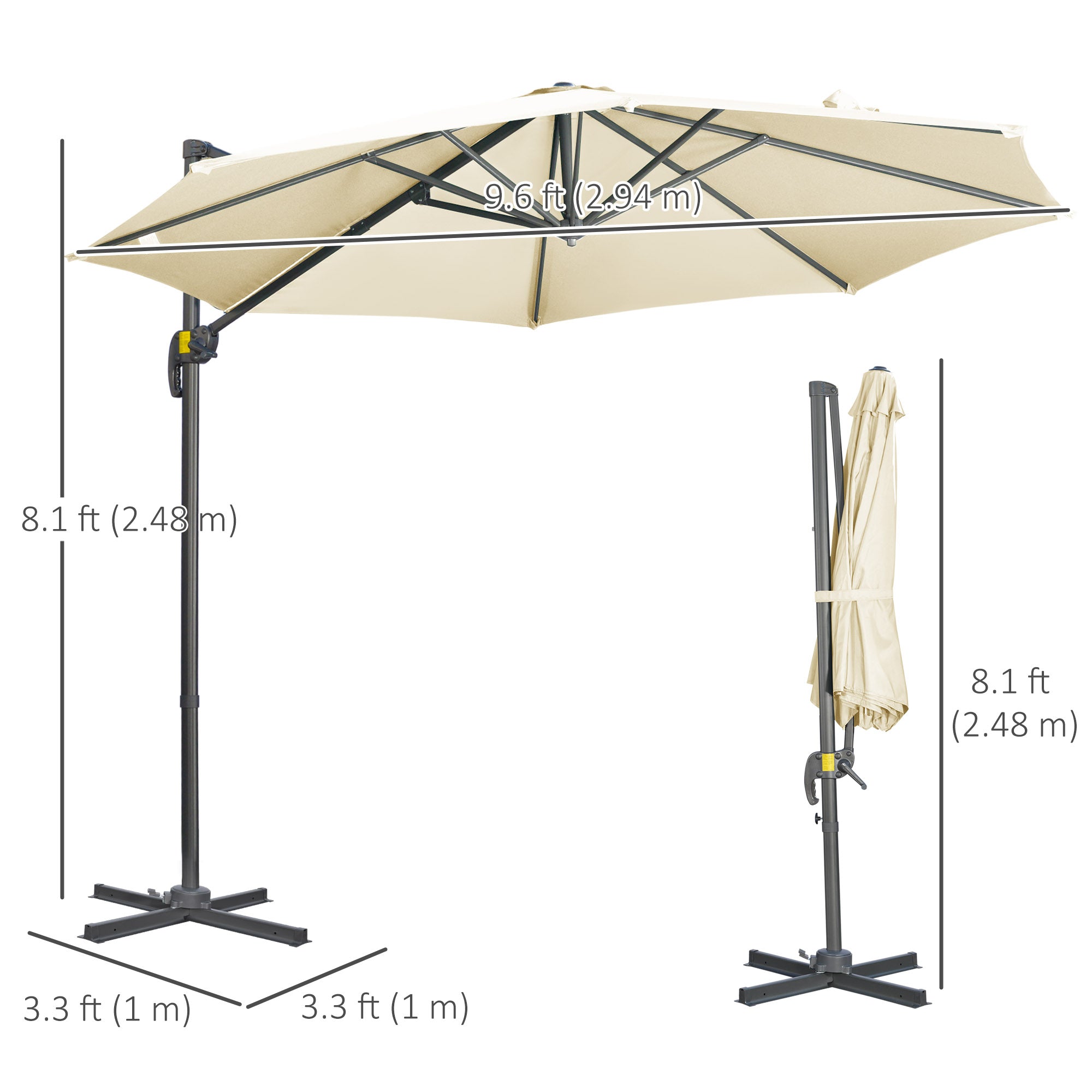 9.6' Cantilever Patio Umbrella Outdoor Hanging Offset Umbrella with Cross Base 360° Rotation Aluminum Poles Cream White Offset Cantilever Umbrellas   at Gallery Canada