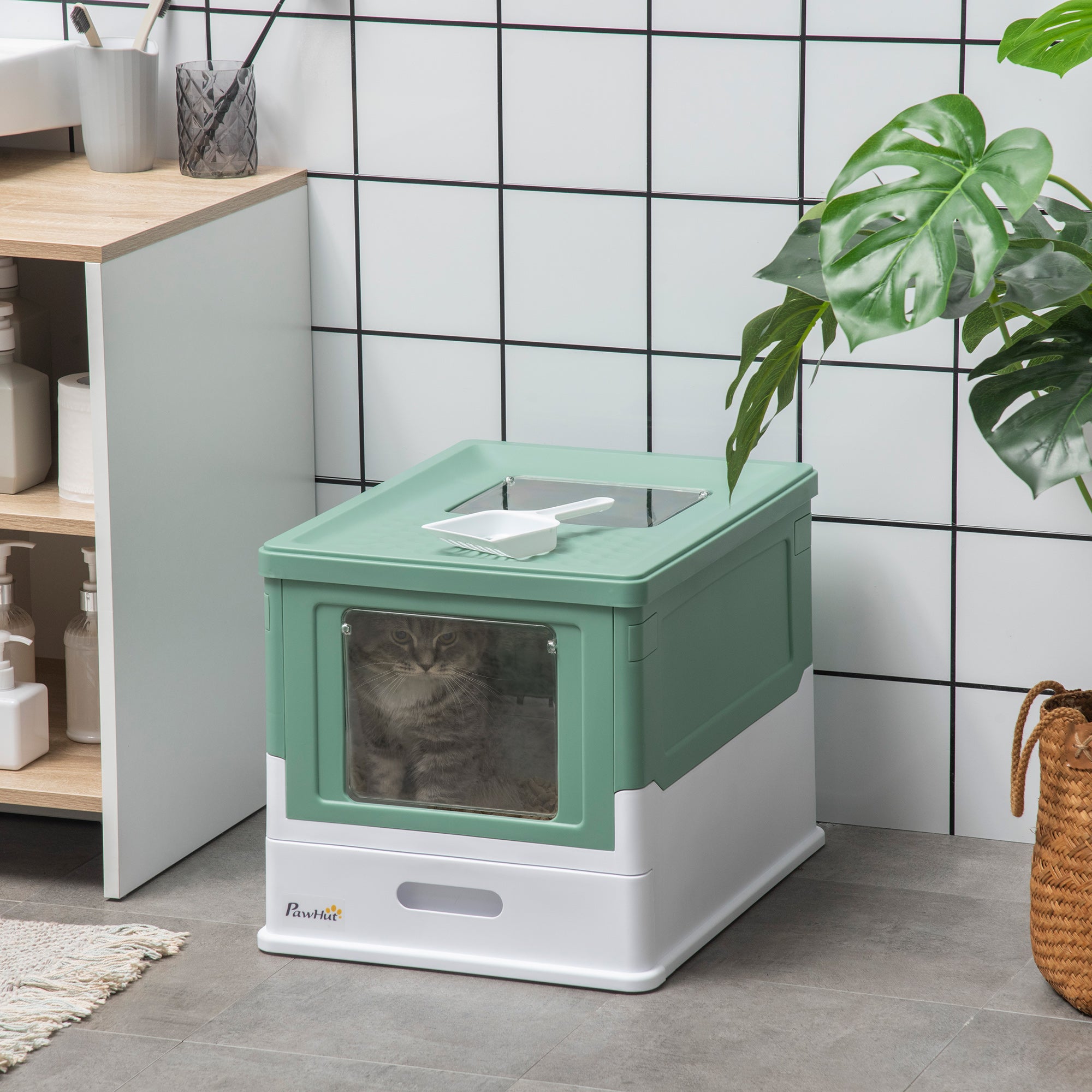 Top Entry Enclosed Kitty Litter Box with Scoop, Tray, Front Entry, Large Space, Foldable, Portable, Green Cat Litter Box Enclosures   at Gallery Canada