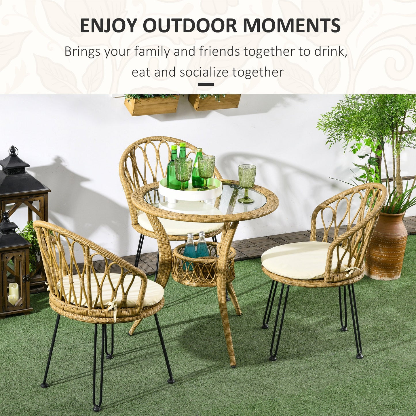 4 Pieces Rattan Dining Set with Storage Basket, Tempered Glass Table Top, for Garden, Backyard, Balcony, Light Brown Patio Furniture Sets   at Gallery Canada