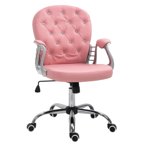 Faux Leather Vanity Office Chair, Button Tufted Swivel Chair with Adjustable Height, Padded Armrests and Tilt Function, Pink