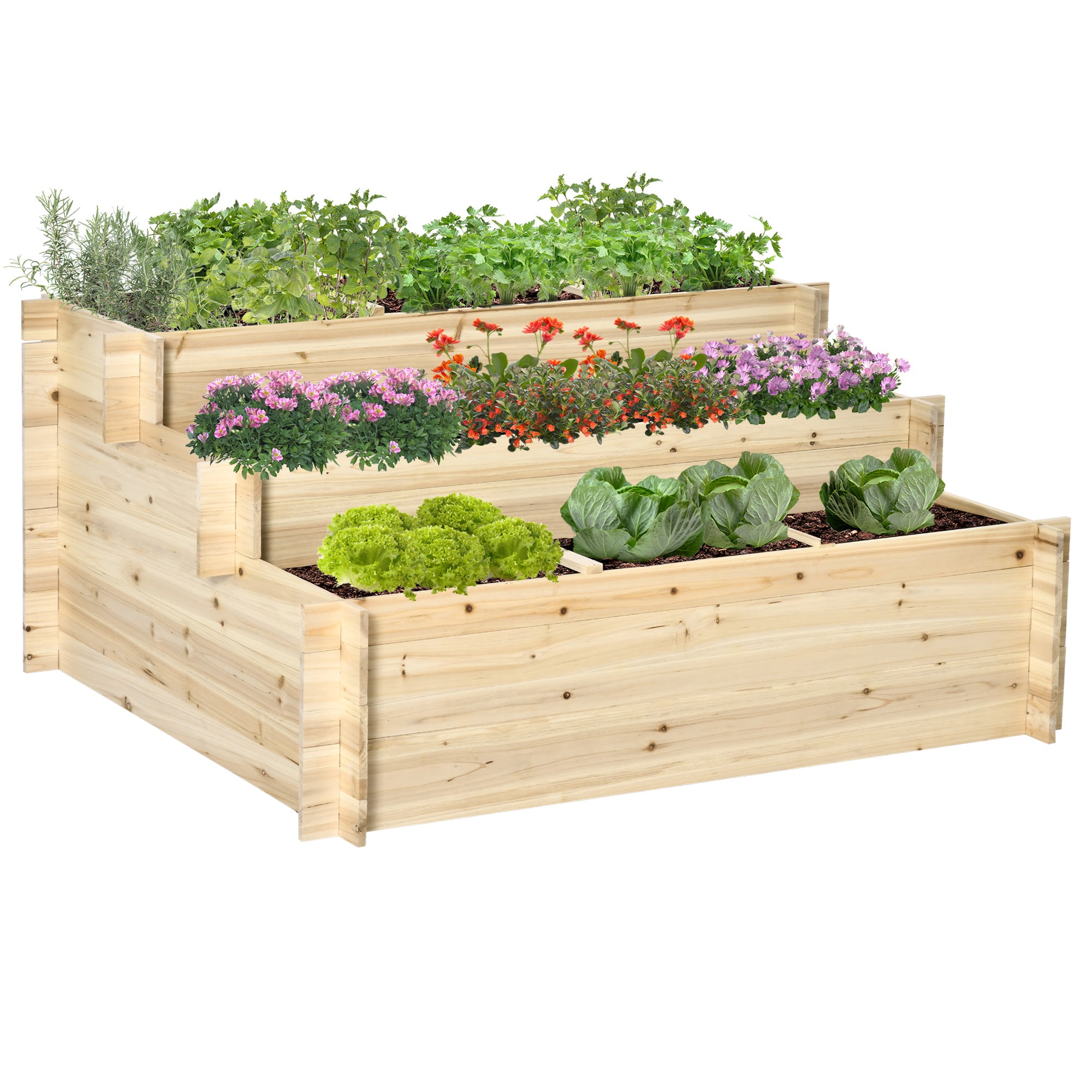 3 Tier Raised Garden Bed with 9 Grow Grids and Bed Liner for Garden, Outdoor to Vegetables, Flowers, Natural Raised Garden Beds at Gallery Canada