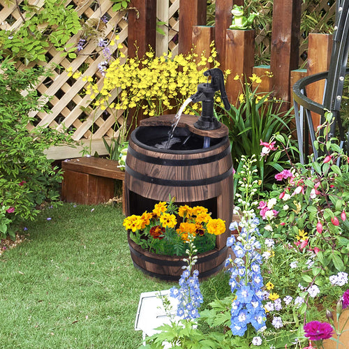 Wooden Outdoor Fountain, Electrical Barrel Waterfall with 3600r/min Speed Pump for Patio, Backyard, Carbonized