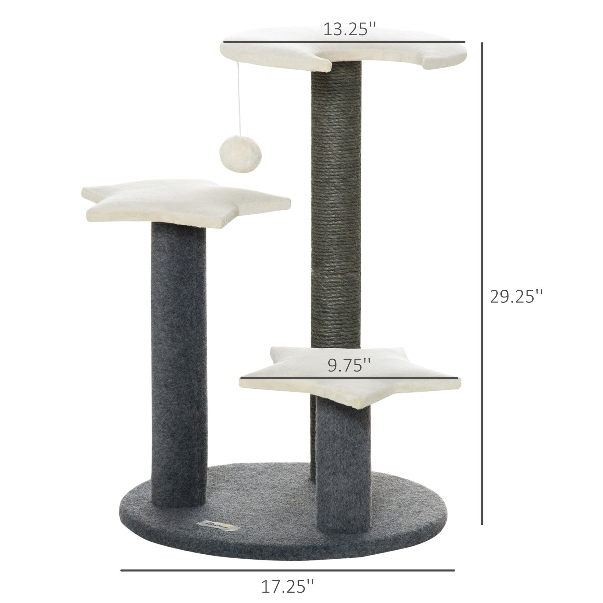 30" Cat Tree Kitty Activity Center Climbing Toy Rest Pet Furniture with Sisal Scratching Post Moon Star Shaped Perch Hanging Ball Grey, White Cat Posts   at Gallery Canada